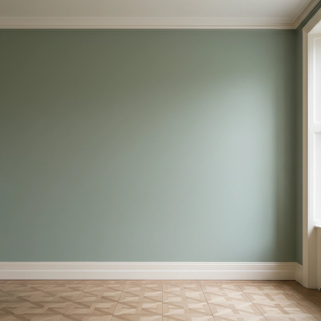 Wall art mockup: Elegant gallery with sage green walls and parquet floor