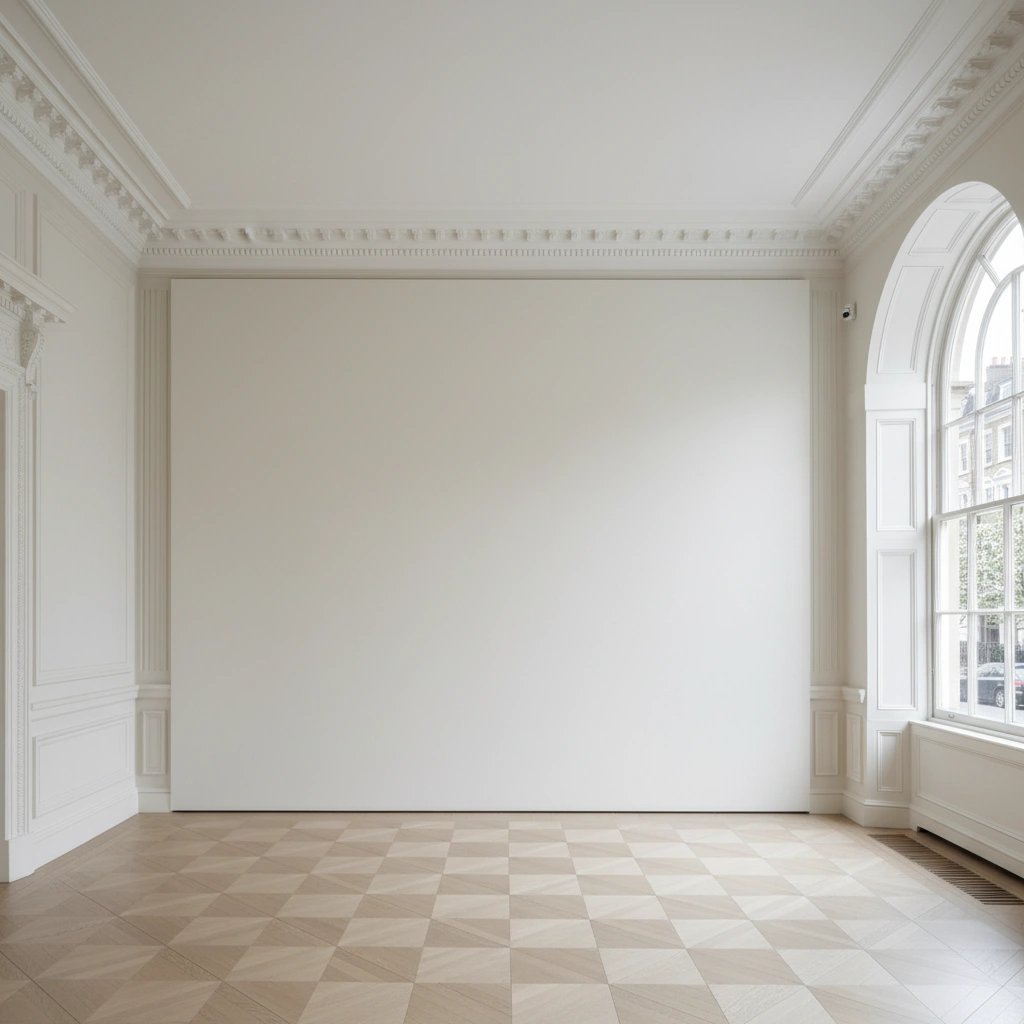 Wall art mockup: Grand gallery with decorative mouldings and parquet
