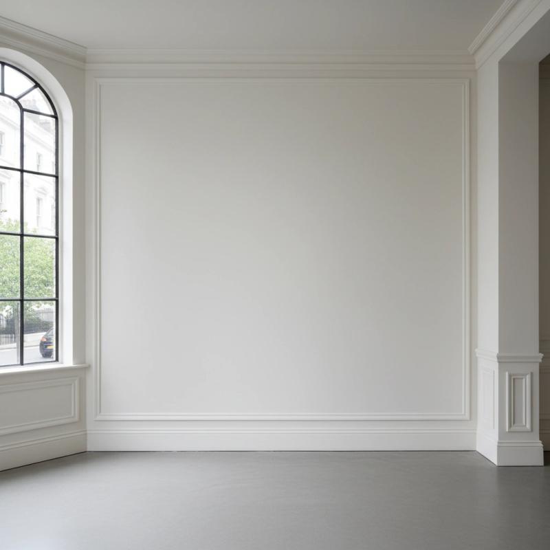 Grand gallery with an arched window and classic mouldings