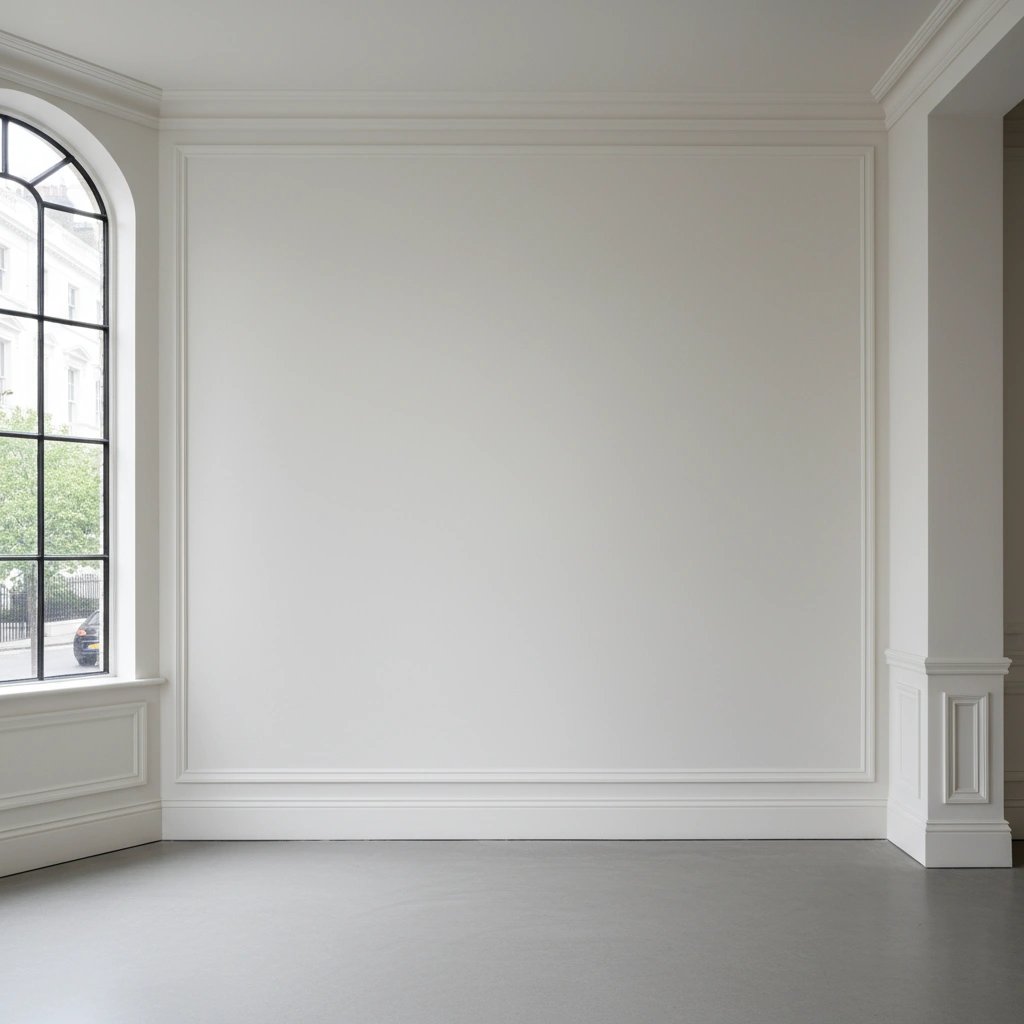 Wall art mockup: Grand gallery with an arched window and classic mouldings, with a window