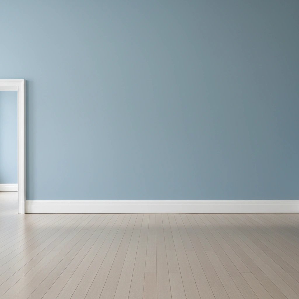 Wall art mockup: Modern gallery with blue walls and light floorboards
