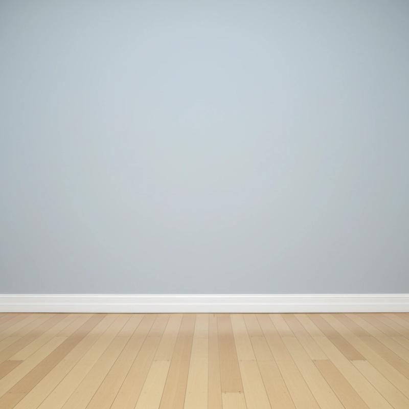 Minimalist gallery with light blue walls and wooden floor