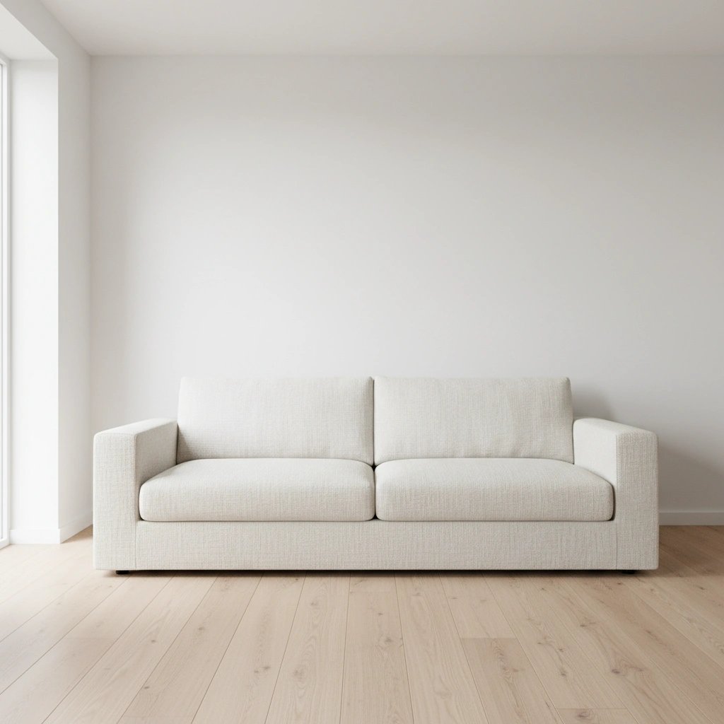 Wall art mockup: Contemporary living room with white walls and a cream sofa, with a sofa