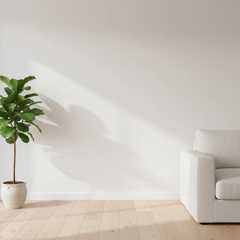Wall art mockup: Contemporary room with a white wall, plant and sofa, with plants