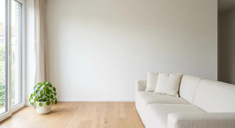 Contemporary living room with a light sofa and houseplant