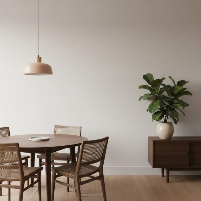Contemporary dining room with a round table and sideboard