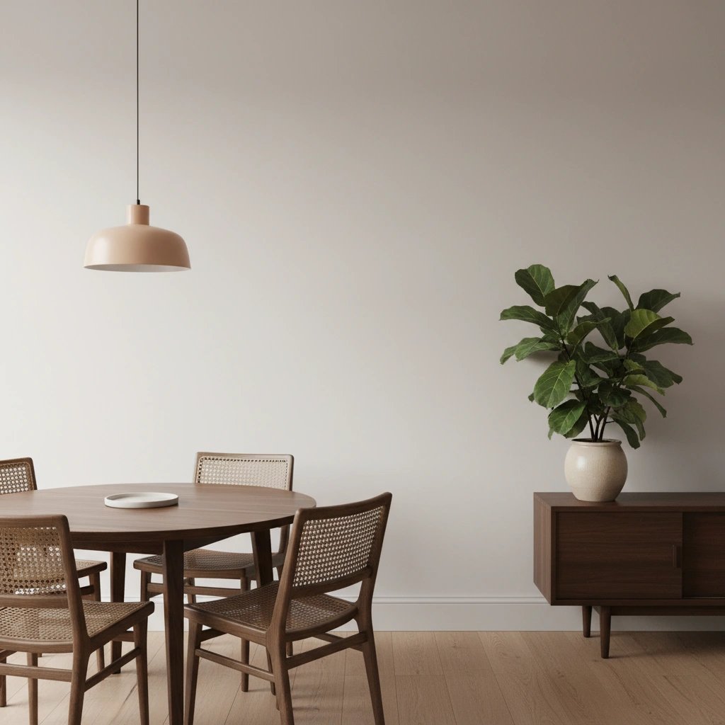 Wall art mockup: Contemporary dining room with a round table and sideboard, with plants, lamps, a cabinet and a dining table