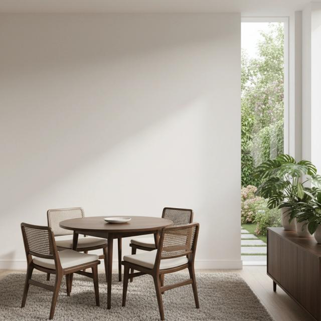 Contemporary dining room with a garden view