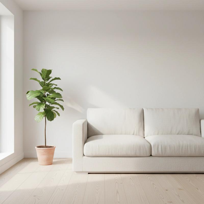 Contemporary living room with a white sofa and houseplant