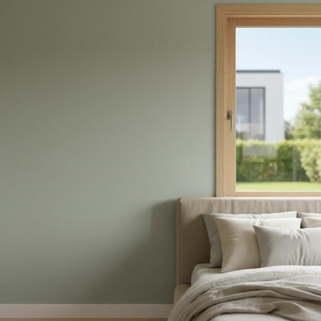 Contemporary bedroom with a pale green wall and bed