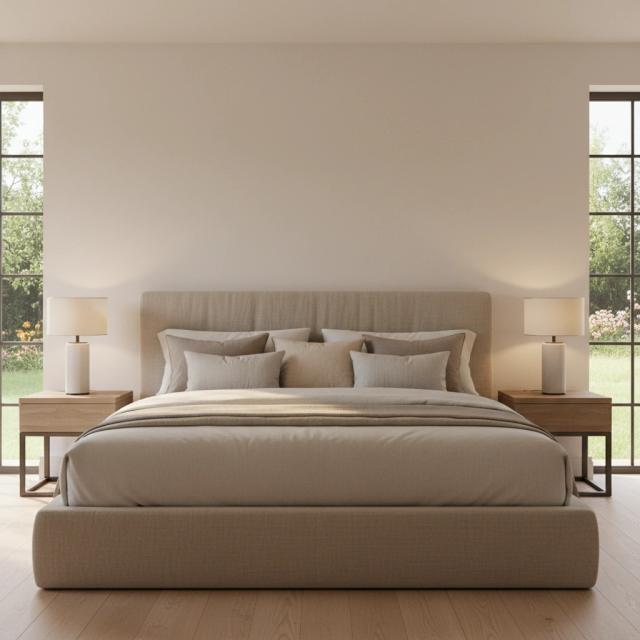Contemporary bedroom with a neutral bed and lamps