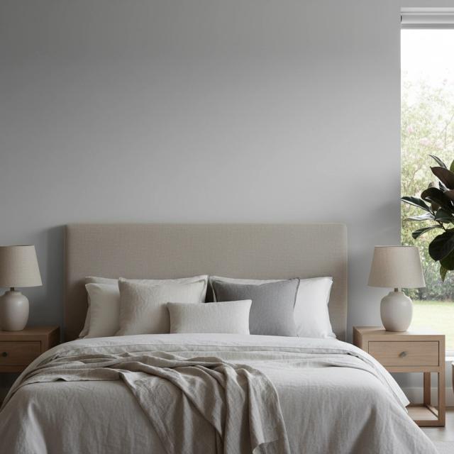 Contemporary bedroom with a neutral bed and side tables
