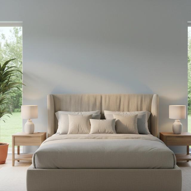 Contemporary bedroom with a neutral bed and side tables