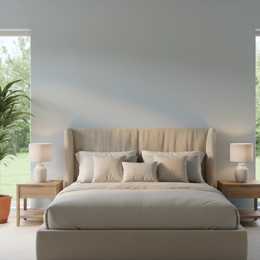 Wall art mockup: Contemporary bedroom with a neutral bed and side tables, with plants, lamps and a bed