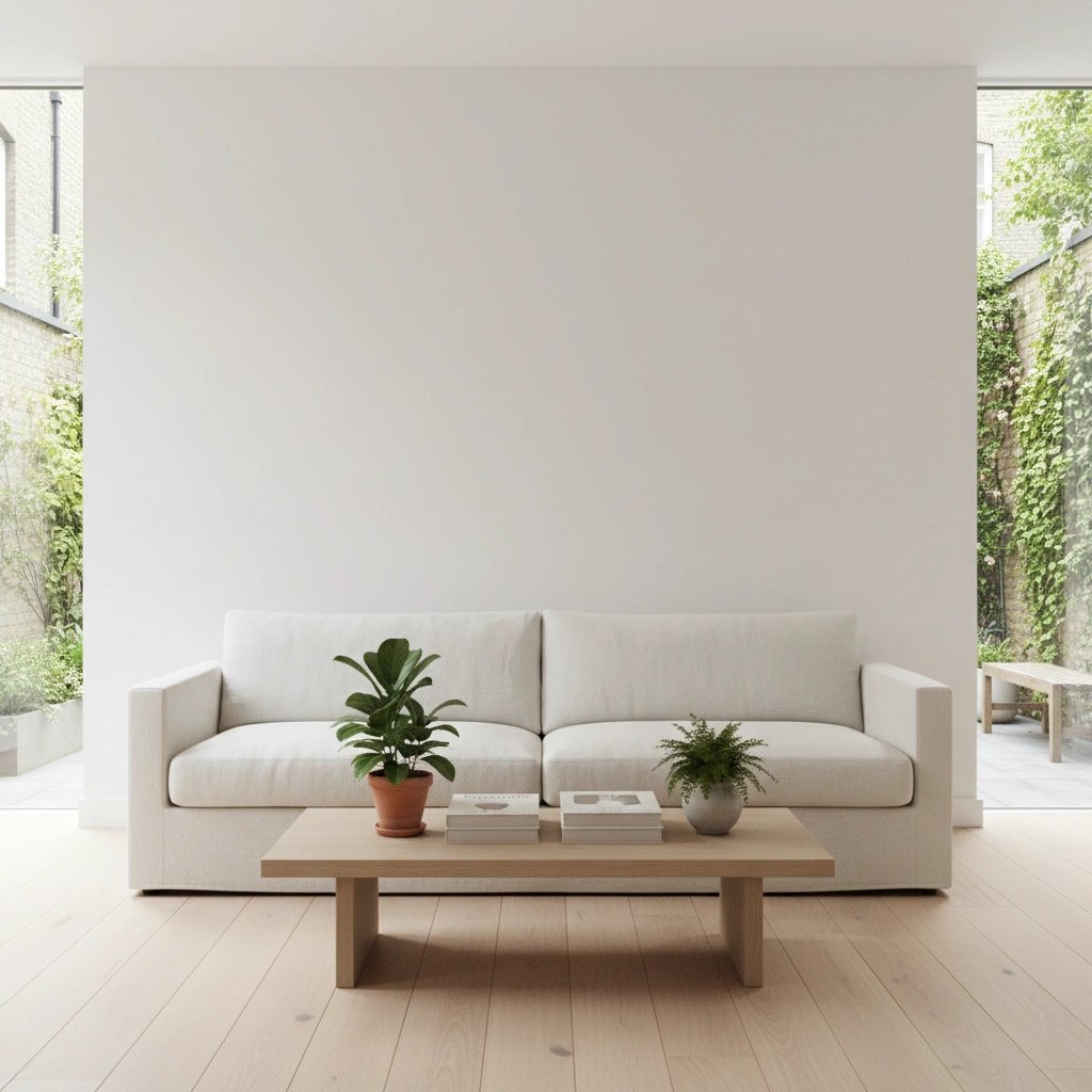 Wall art mockup: Contemporary living room with a white sofa and plants, with a sofa, a coffee table and plants