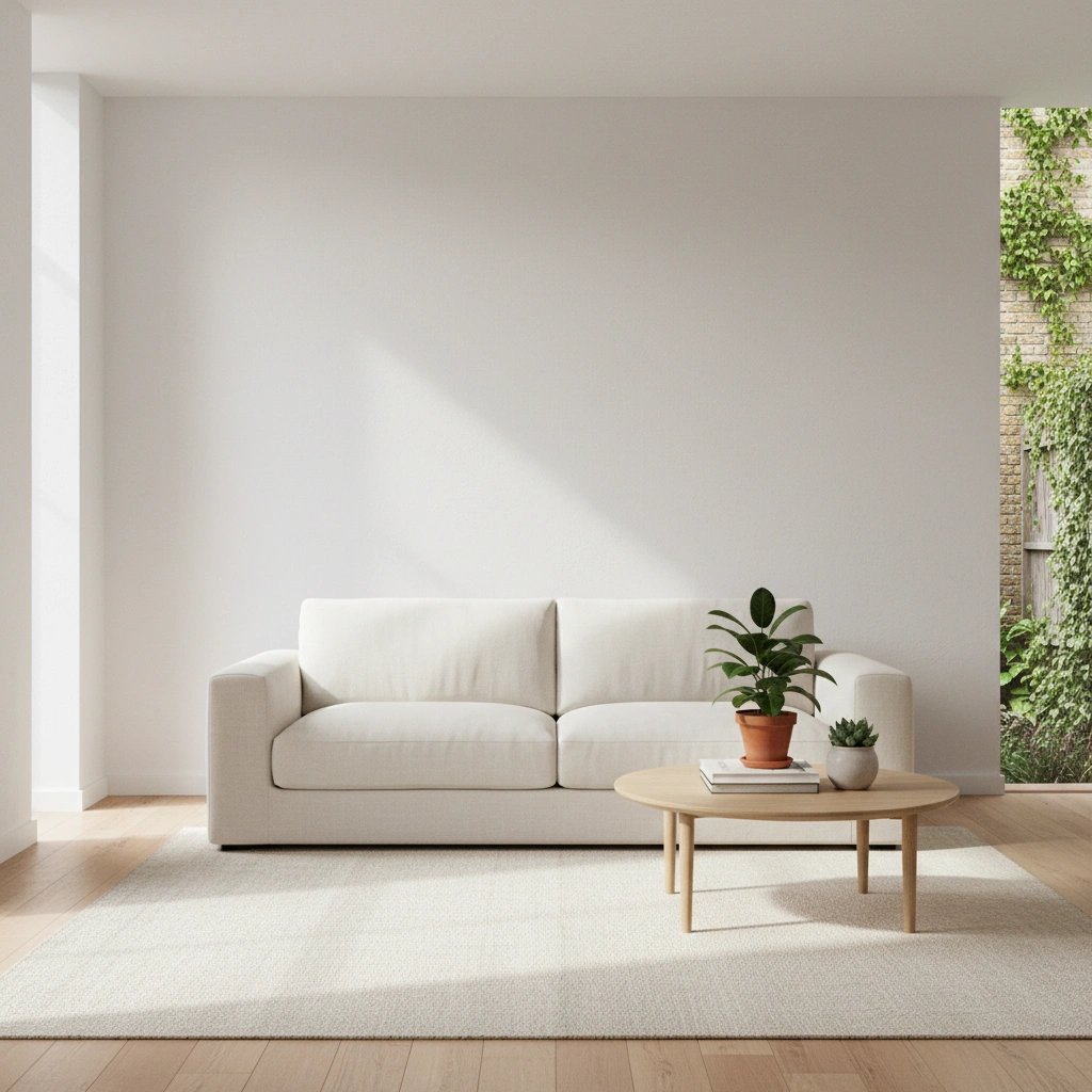 Sample painting hung at 142 × 106 cm above the sofa in Contemporary living room with a white sofa and coffee table