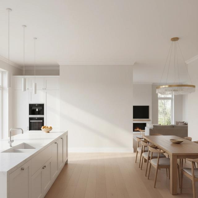 Contemporary kitchen and dining space with light wood floors