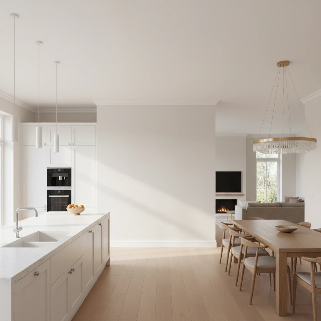 Wall art mockup: Contemporary kitchen and dining space with light wood floors, with lamps, a chandelier, a cabinet and a dining table