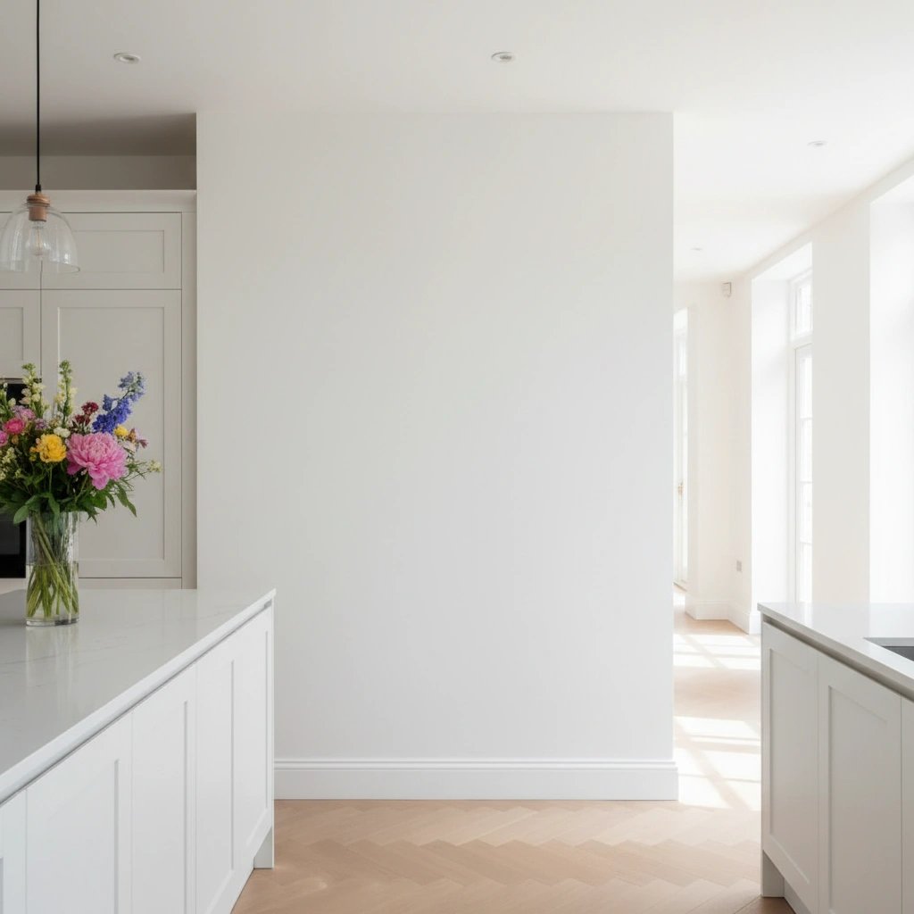Wall art mockup: Contemporary kitchen with white walls and wooden floor, with plants, lamps and a cabinet