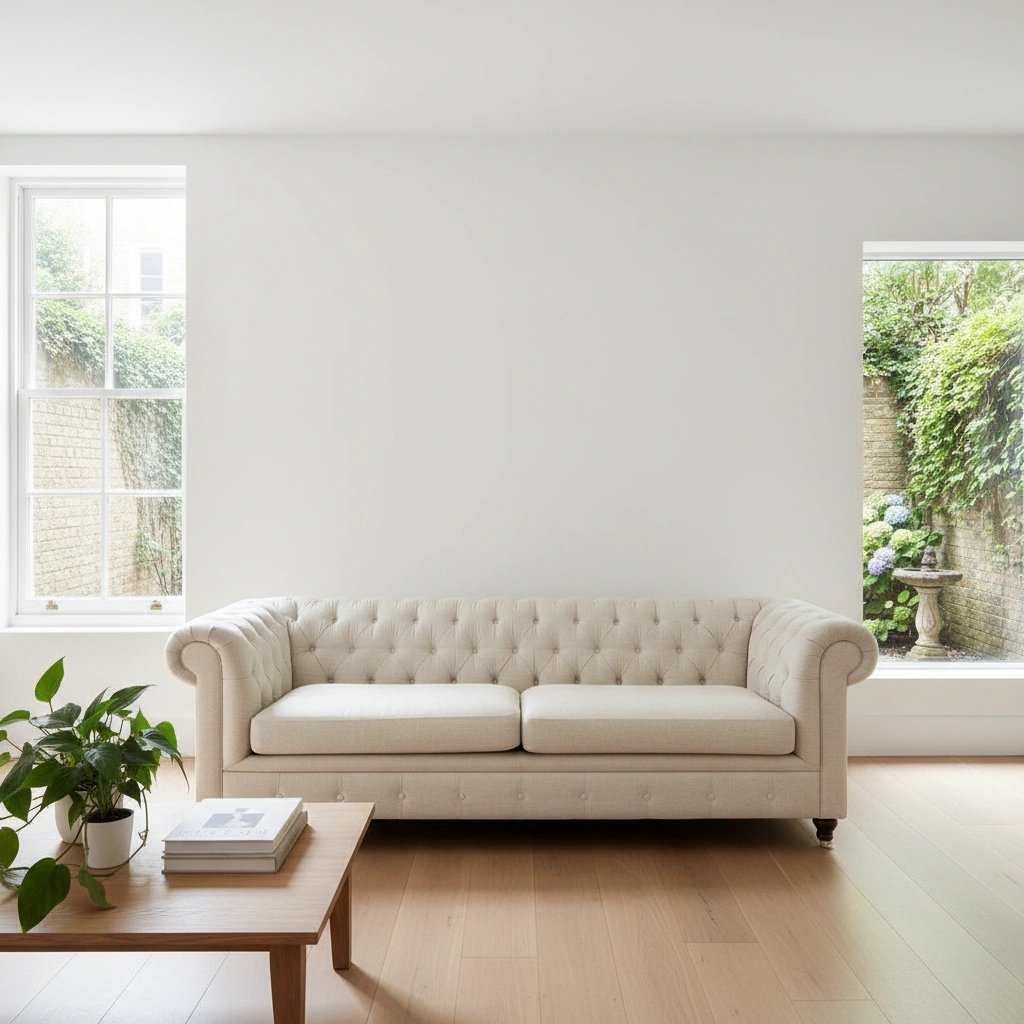 Wall art mockup: Contemporary living room with a cream sofa, with a sofa, plants and a window