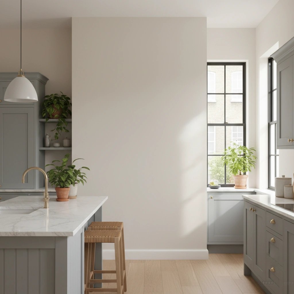 Wall art mockup: Contemporary kitchen with island and natural light, with plants, lamps, a window and a cabinet