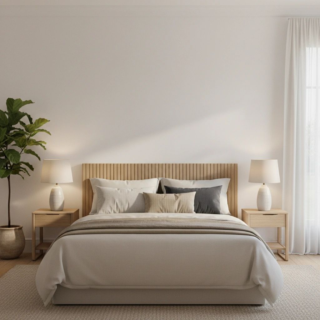 Sample painting at 16 × 20 in (41 × 51 cm): Contemporary bedroom with a neutral bed and nightstands