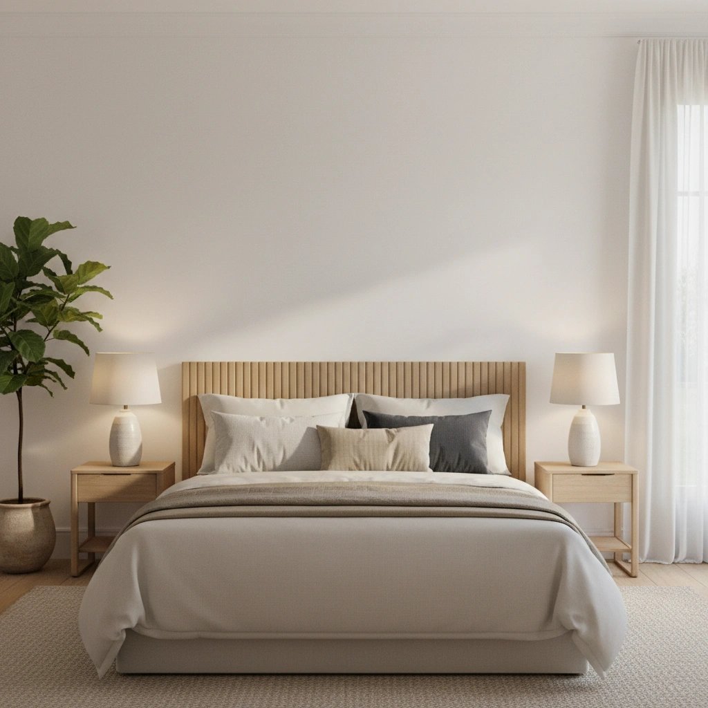 Wall art mockup: Contemporary bedroom with a neutral bed and nightstands, with plants, lamps and a bed