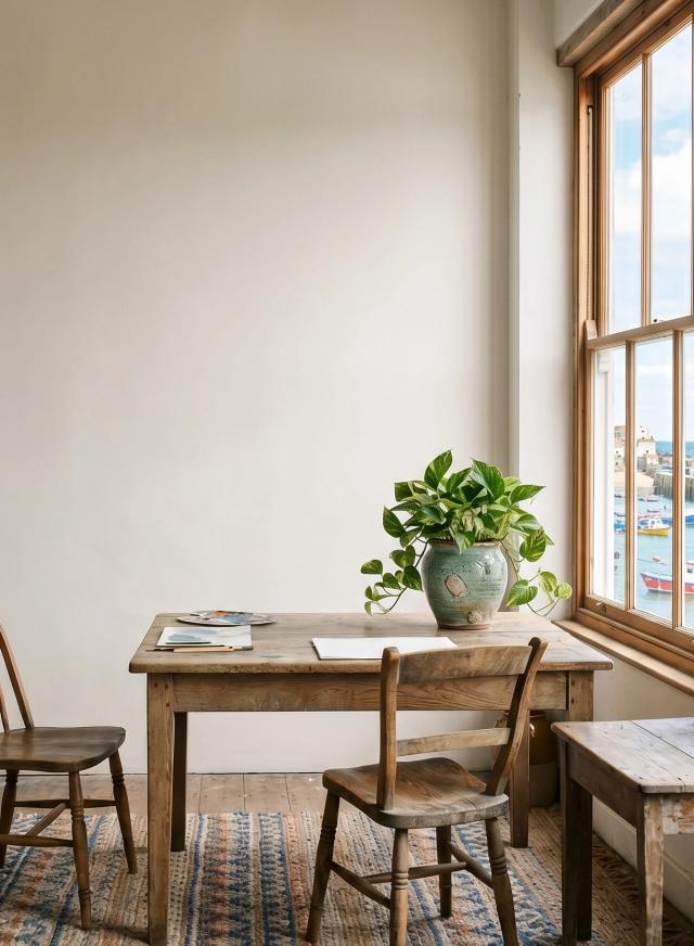 Eclectic room with a wooden table and sea view
