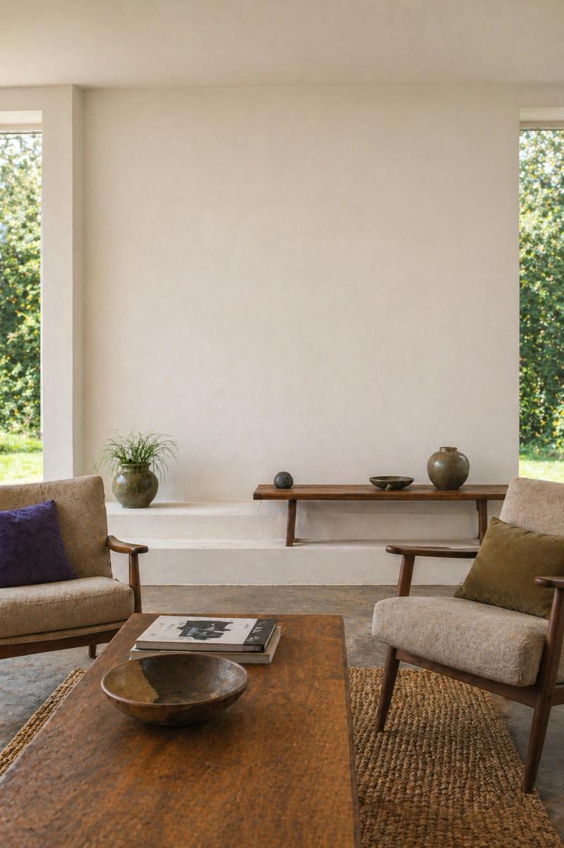 Contemporary living room with neutral walls and armchairs