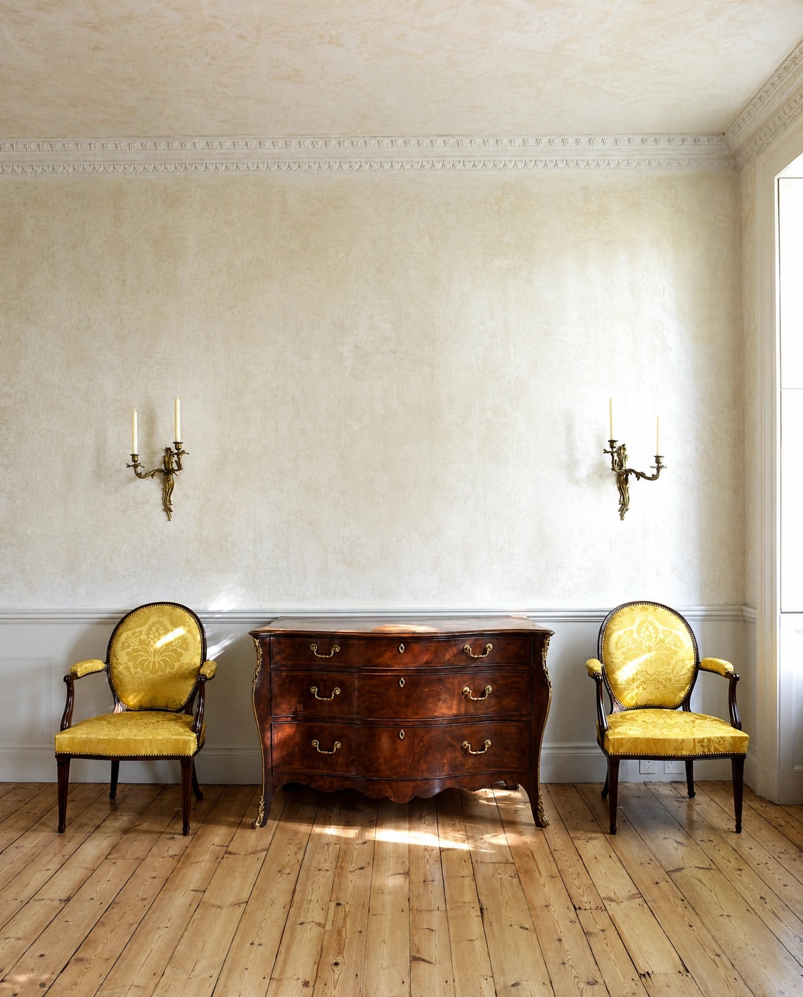 Wall art mockup: Grand room with an antique chest and armchairs, with lamps and a cabinet