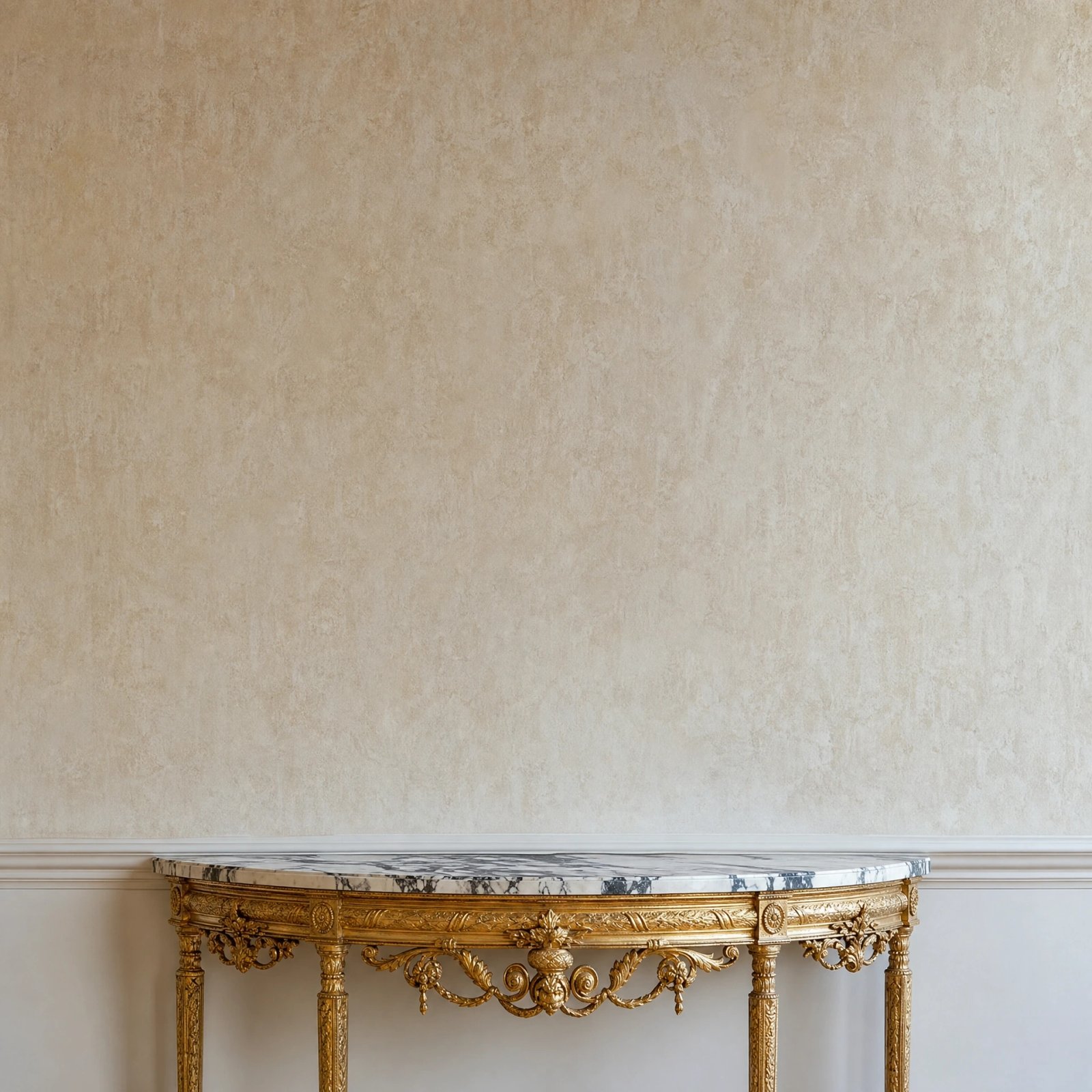 Wall art mockup: Grand hallway with a marble-topped console table, with a coffee table