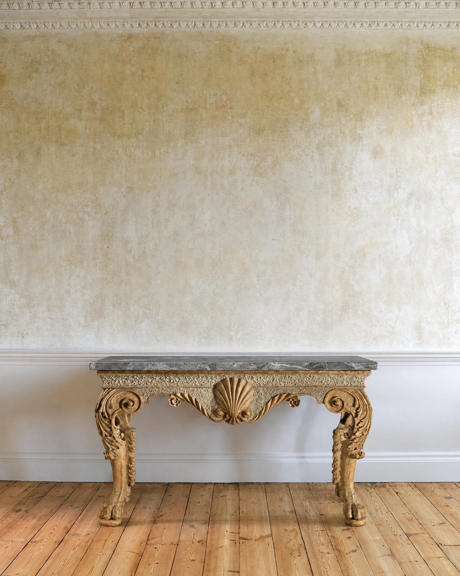 Wall art mockup: Period room with a carved console table, with a coffee table