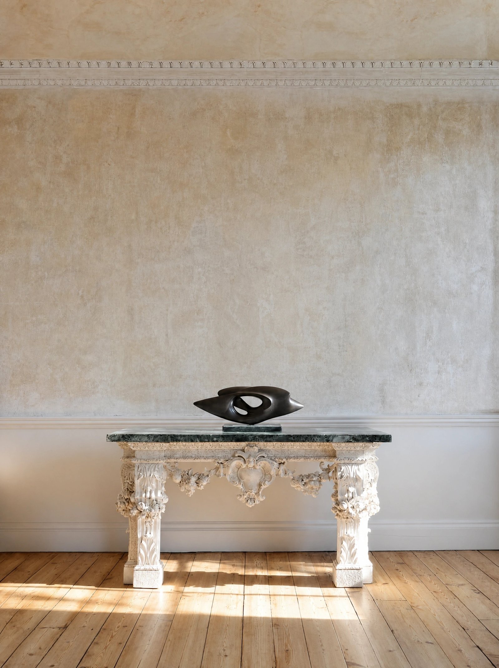 Wall art mockup: Grand room with a decorative console table, with a coffee table