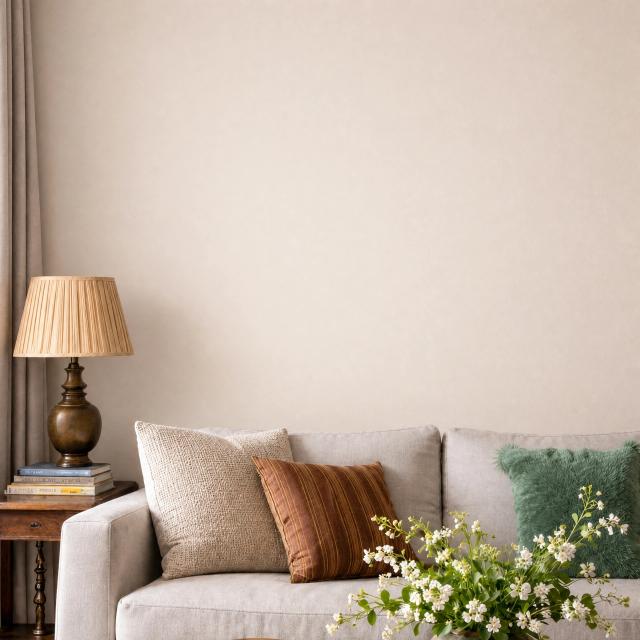 Contemporary living room with a neutral sofa and lamp