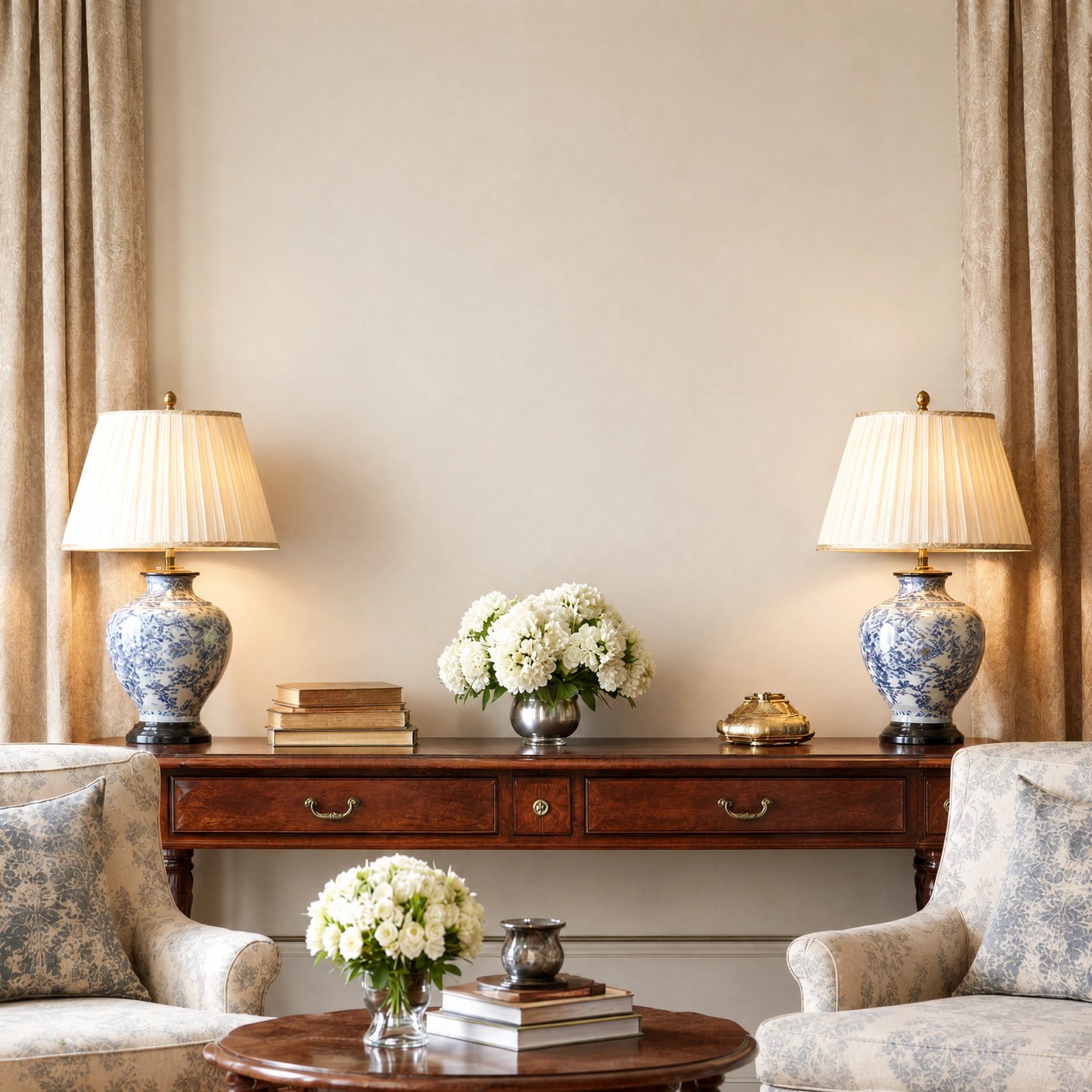 Wall art mockup: Grand living room with a console table and armchairs, with lamps