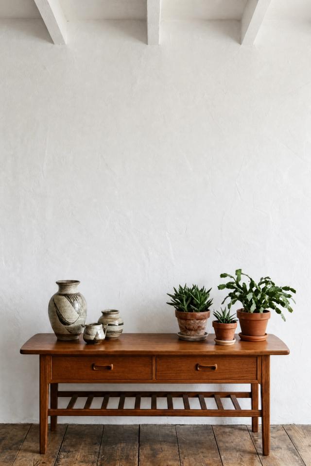 Eclectic hallway with a console table and plants