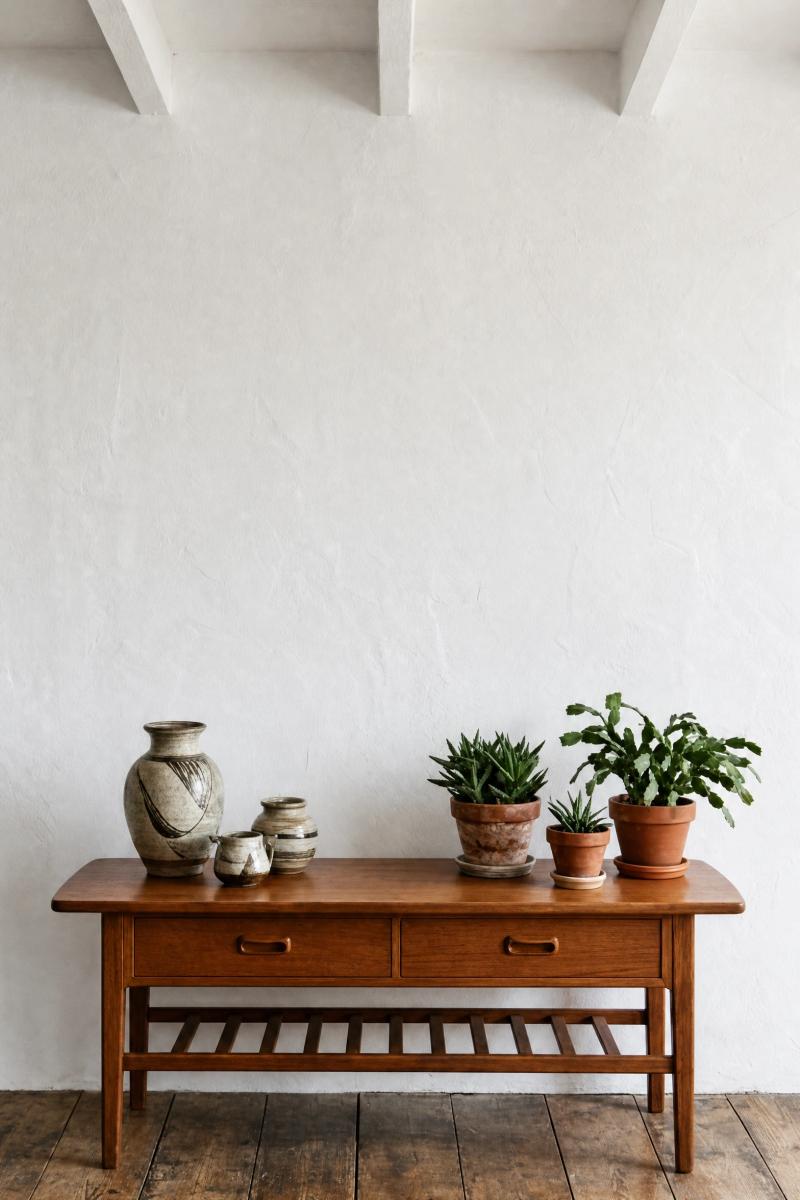 Eclectic hallway with a console table and plants