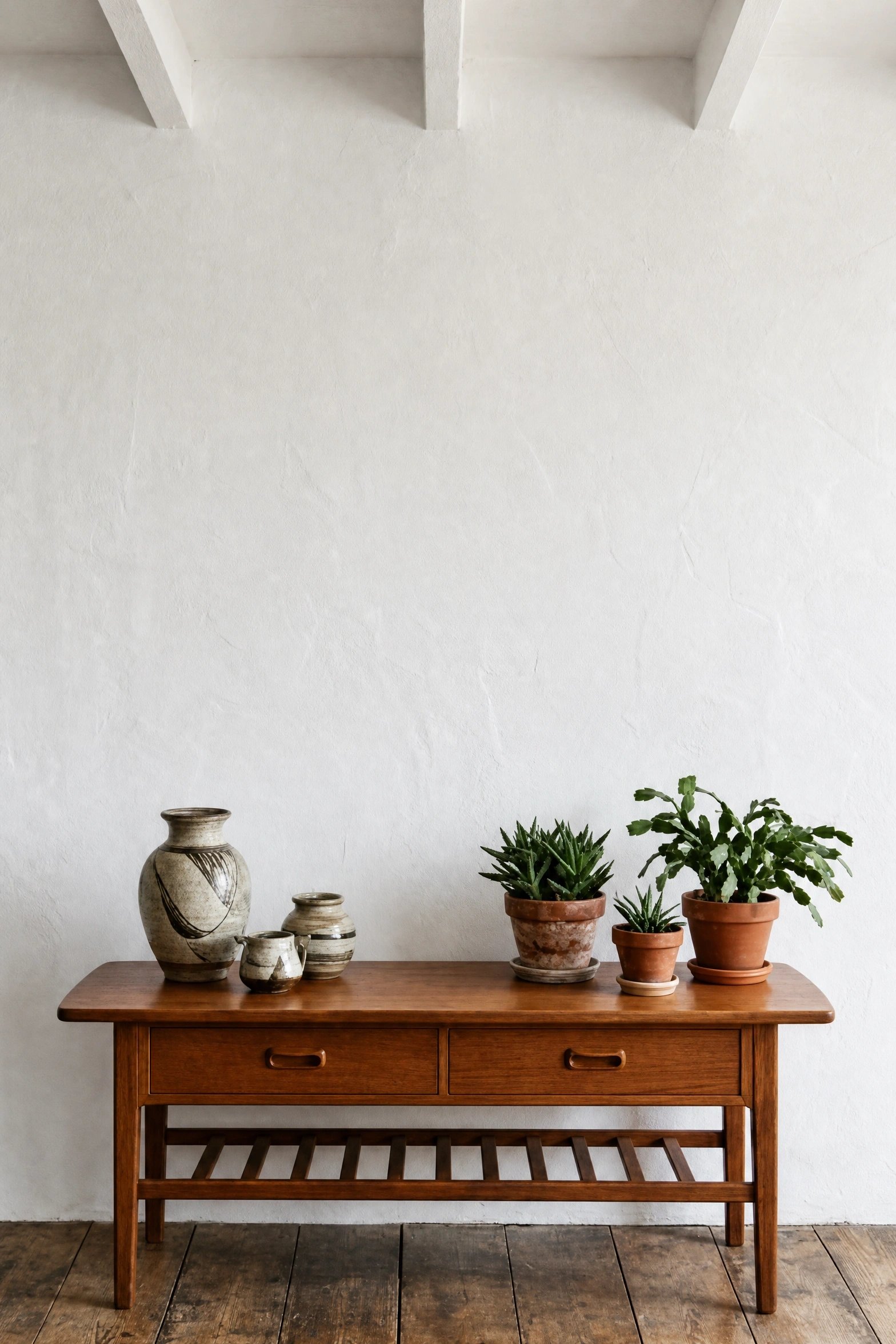 Wall art mockup: Eclectic hallway with a console table and plants, with plants