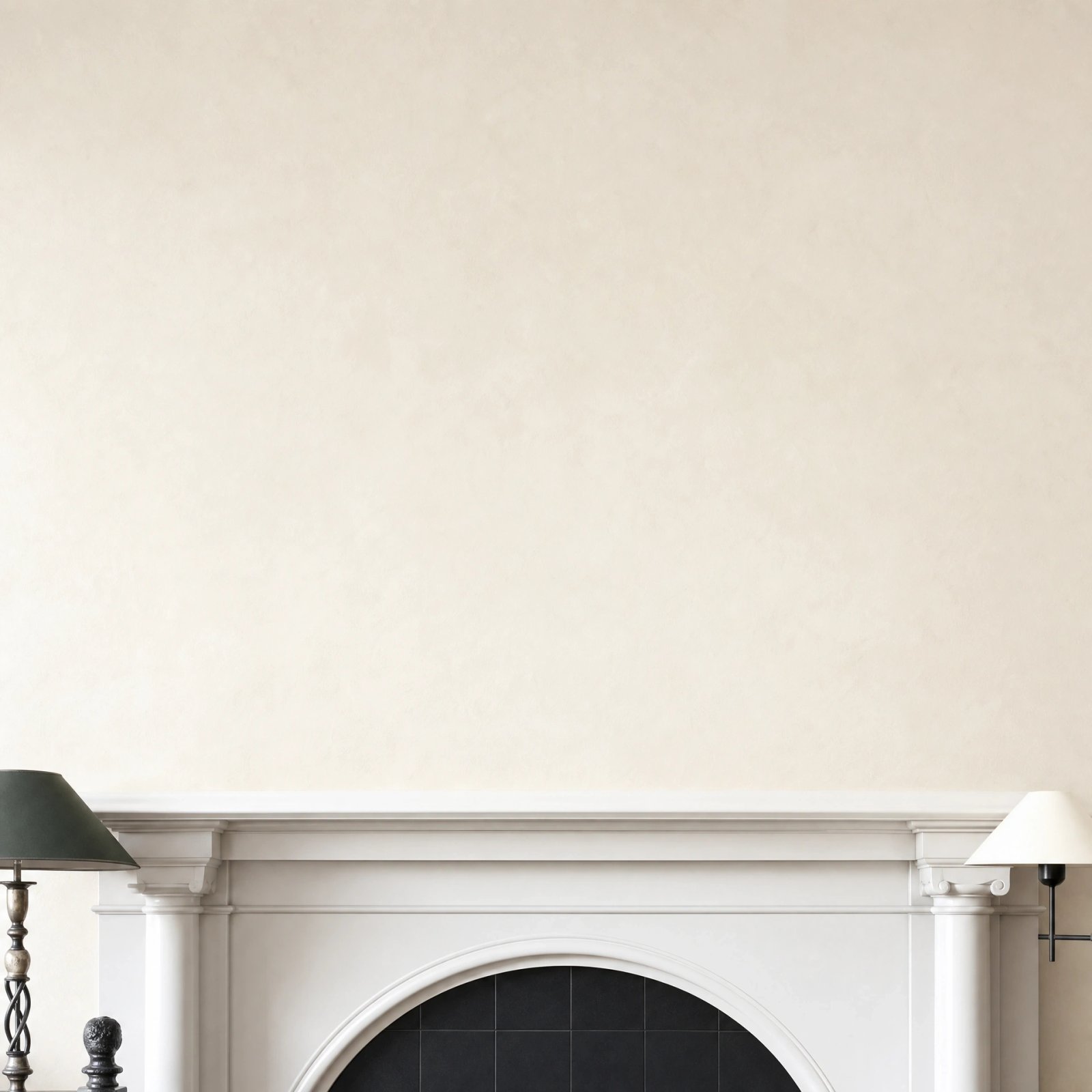 Wall art mockup: Grand room with a classic fireplace and lamps, with lamps and a fireplace