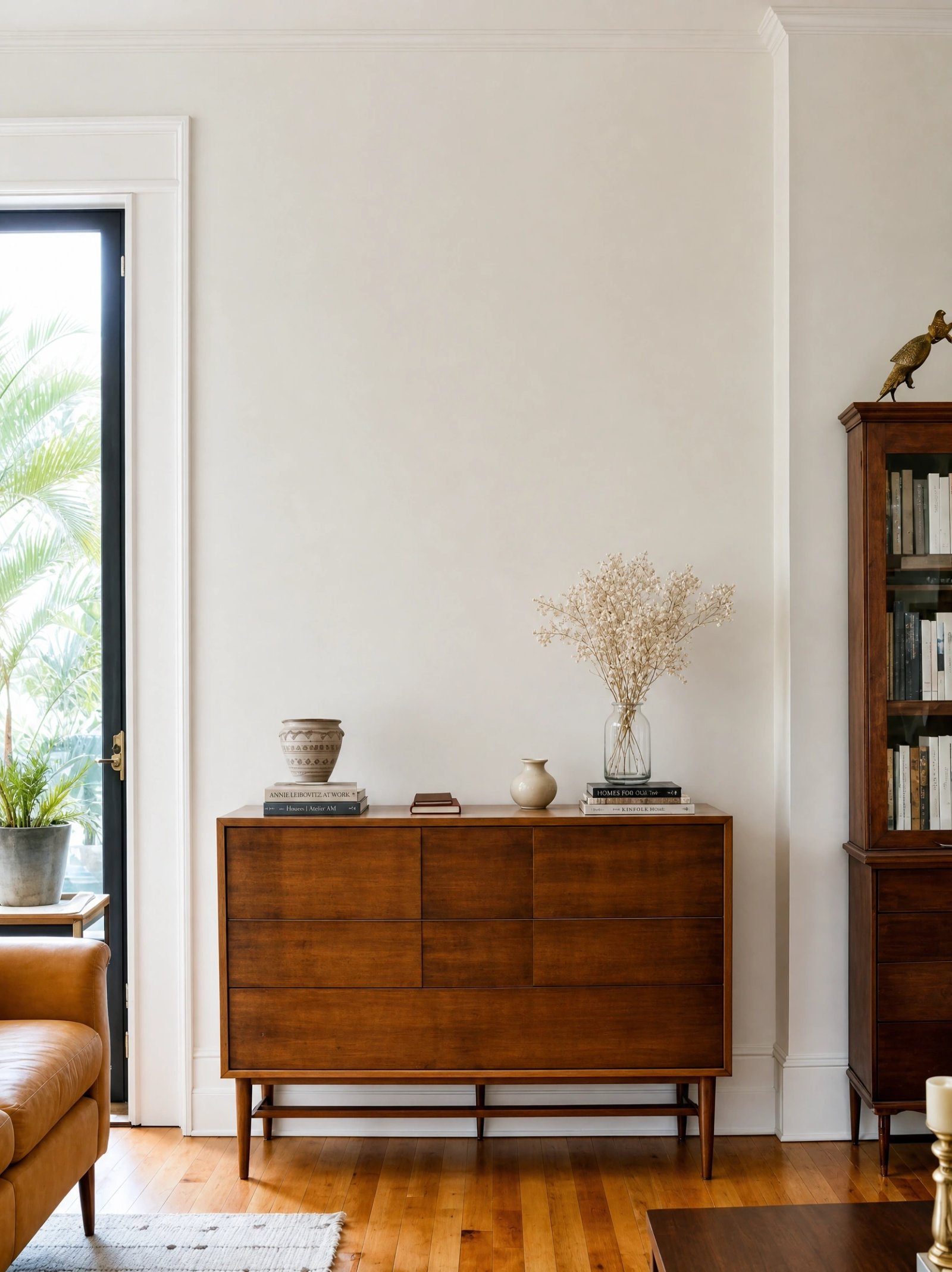 Wall art mockup: Contemporary living room with wooden chest of drawers, with a cabinet