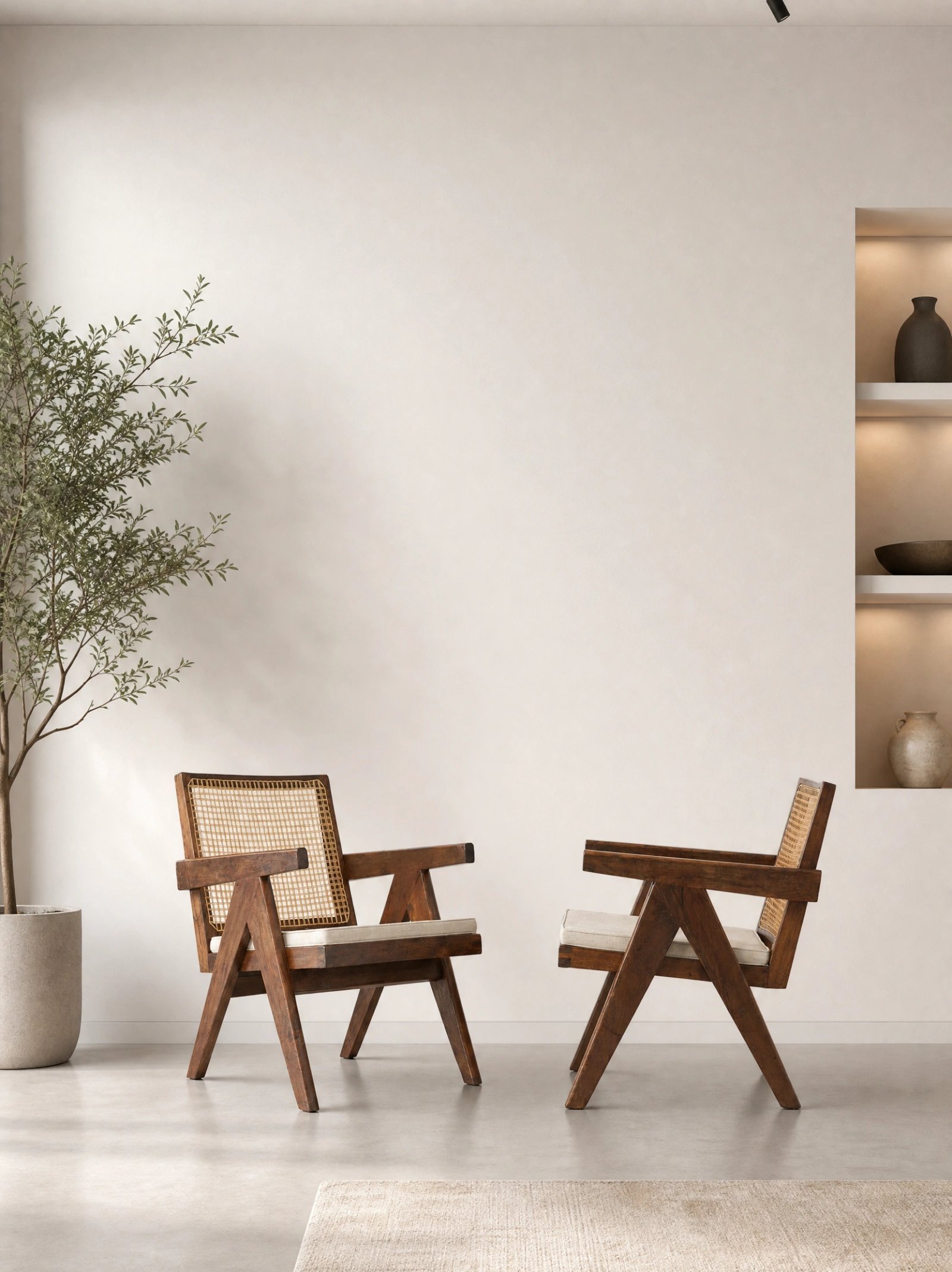 Wall art mockup: Contemporary room with two chairs and a houseplant, with plants