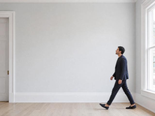 Minimalist gallery with a walking visitor
