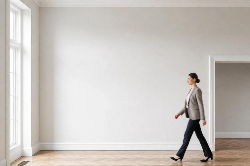 Bright gallery with a woman walking through