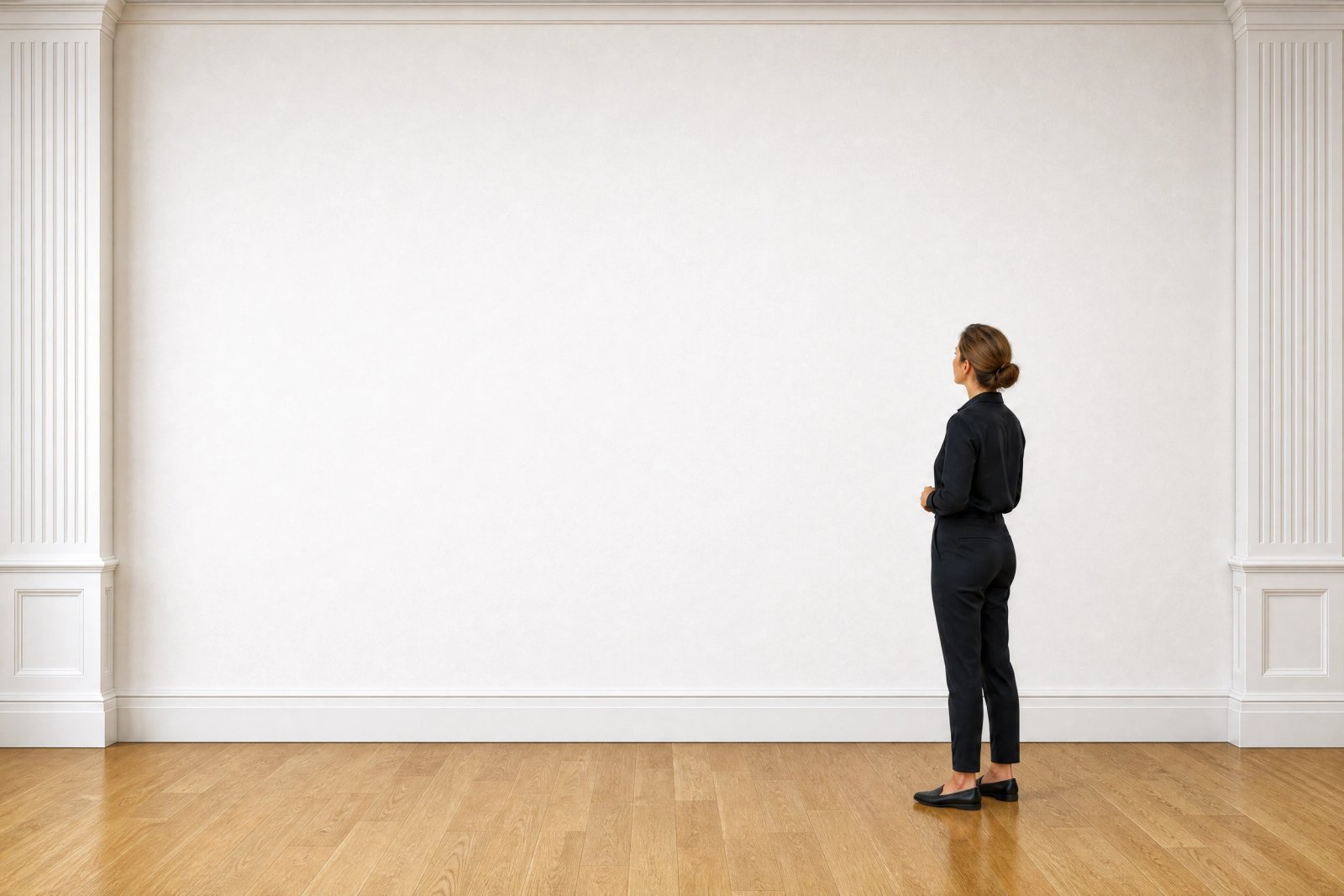 Wall art mockup: Elegant gallery with a visitor looking at the wall, with a person