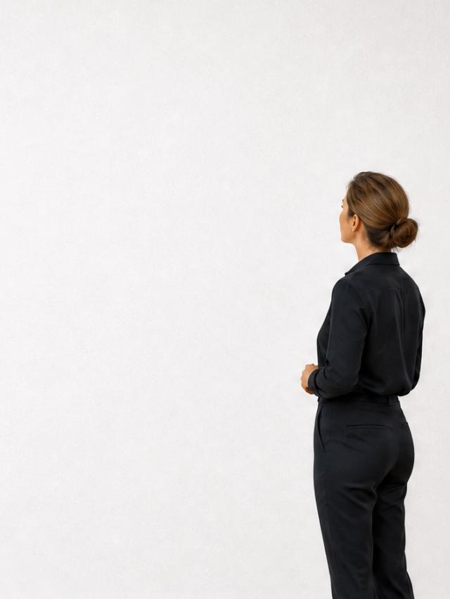 Minimalist gallery with a visitor looking at the wall