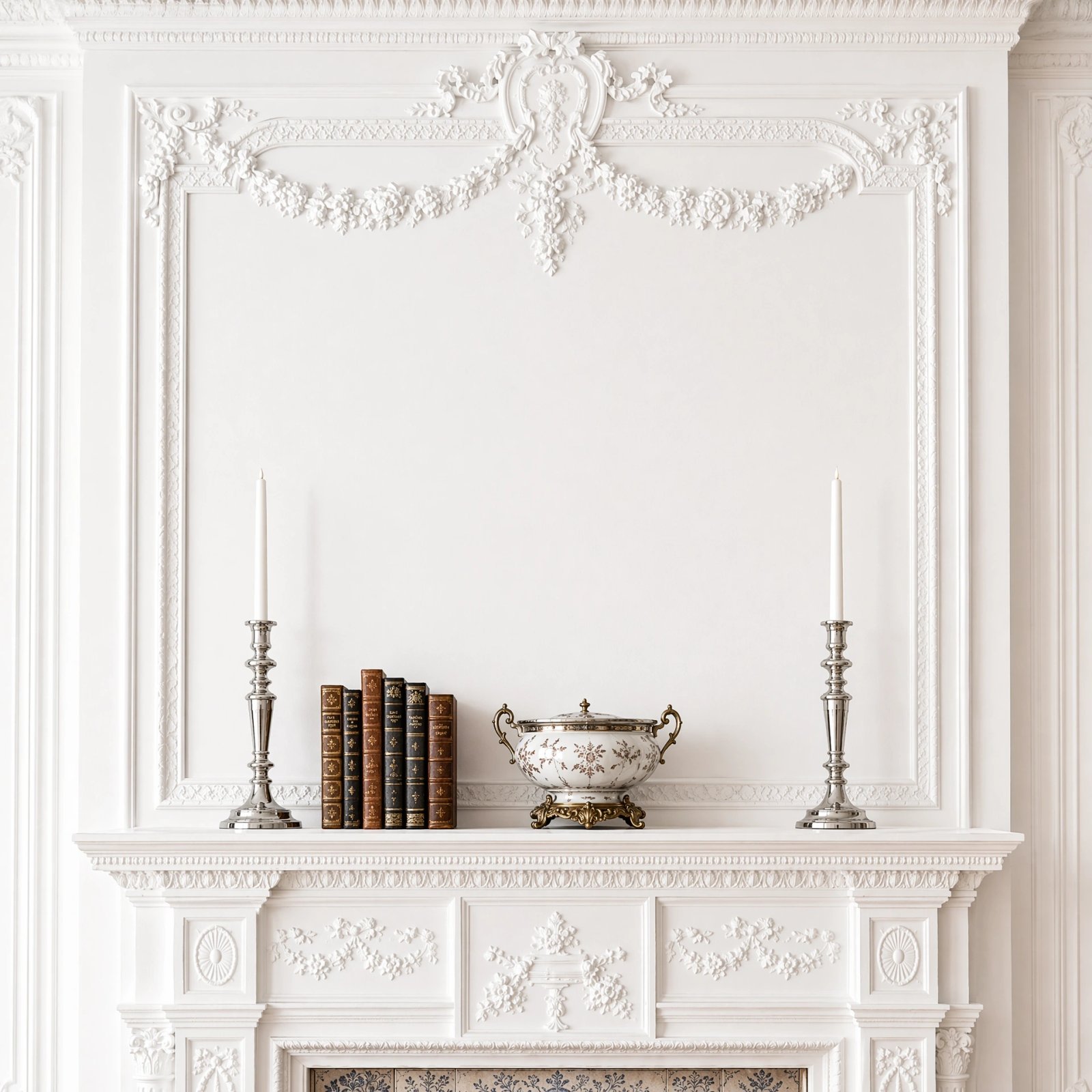 Wall art mockup: Grand room with classical white mouldings and a mantelpiece