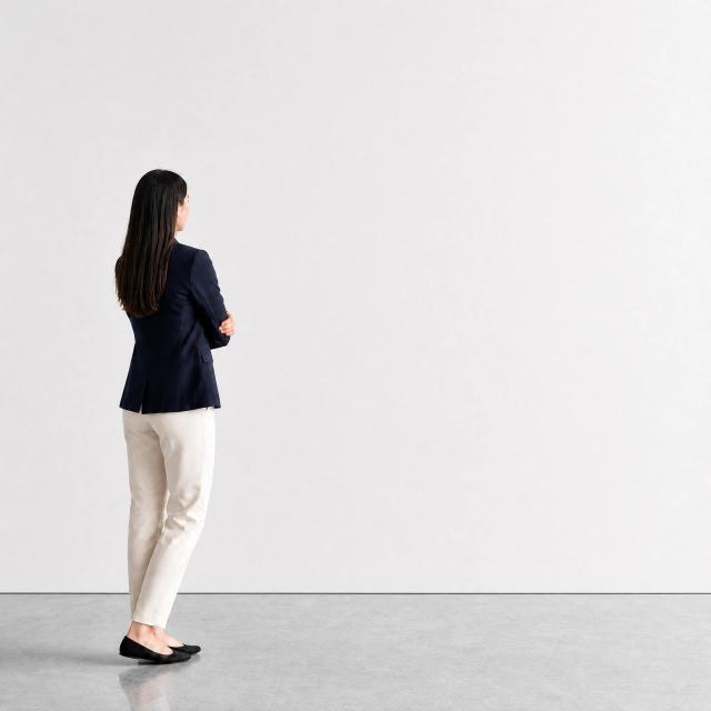 White-cube gallery with a visitor looking at the wall