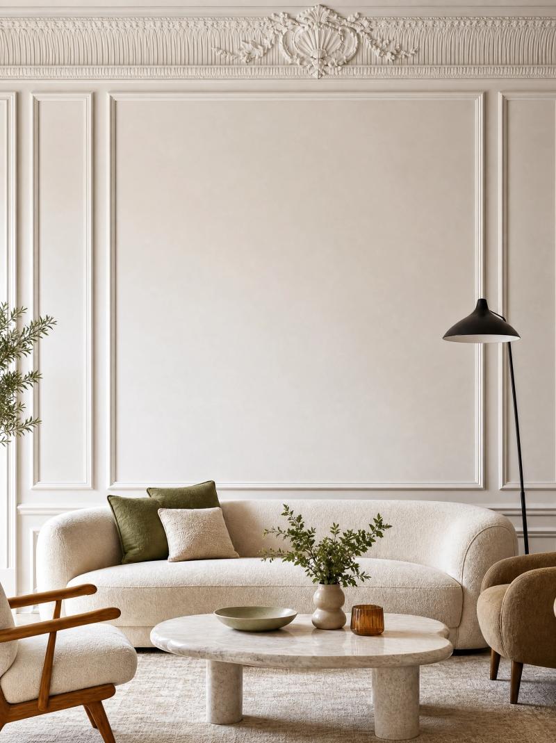 Contemporary living room with decorative panelling and a curved sofa