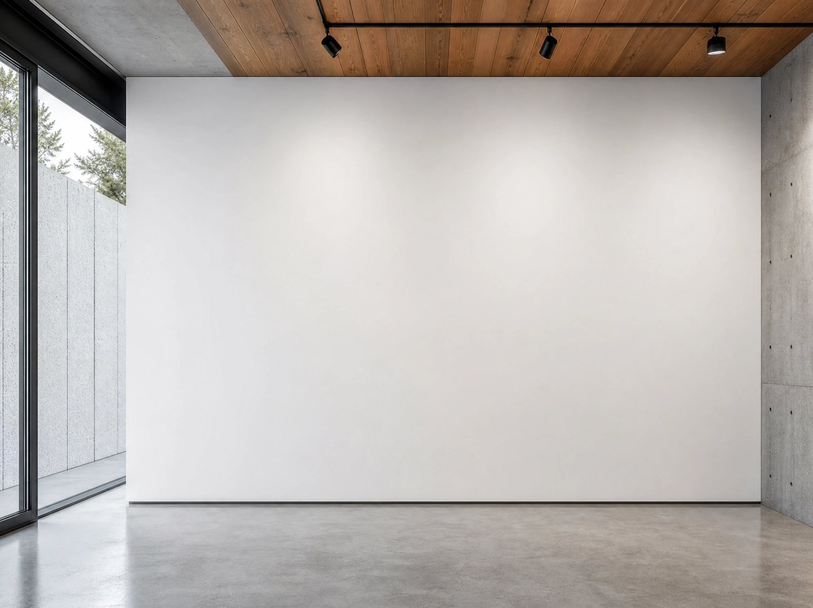 Wall art mockup: Minimalist gallery with white walls and concrete floor