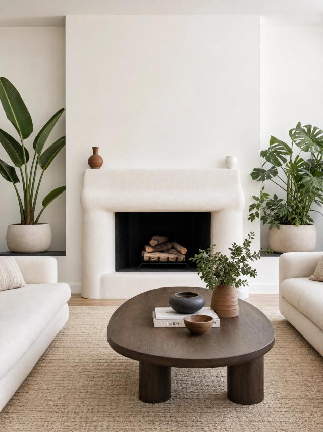Contemporary living room with fireplace and plants
